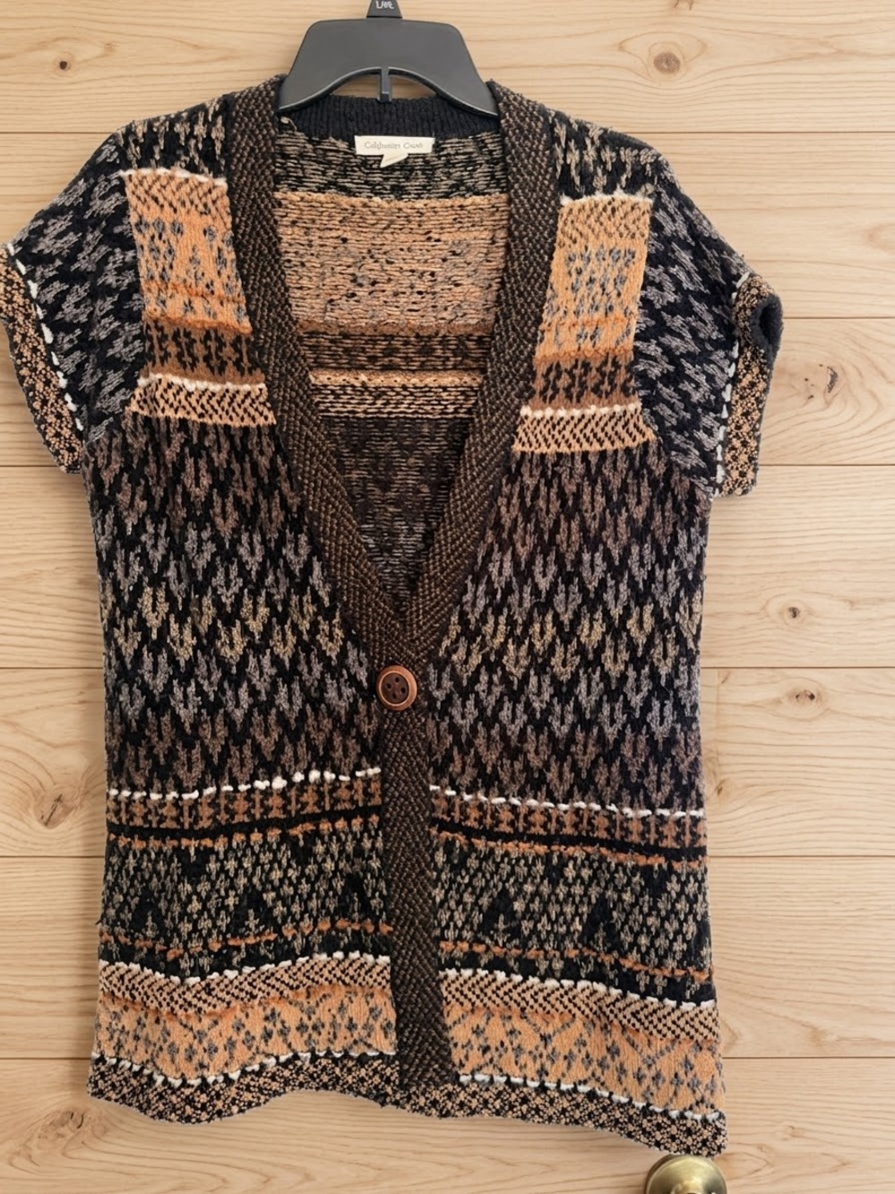 Coldwater Creek Short-Sleeve Patterned Knit Cardigan in Brown and Tan, Sz Sm
